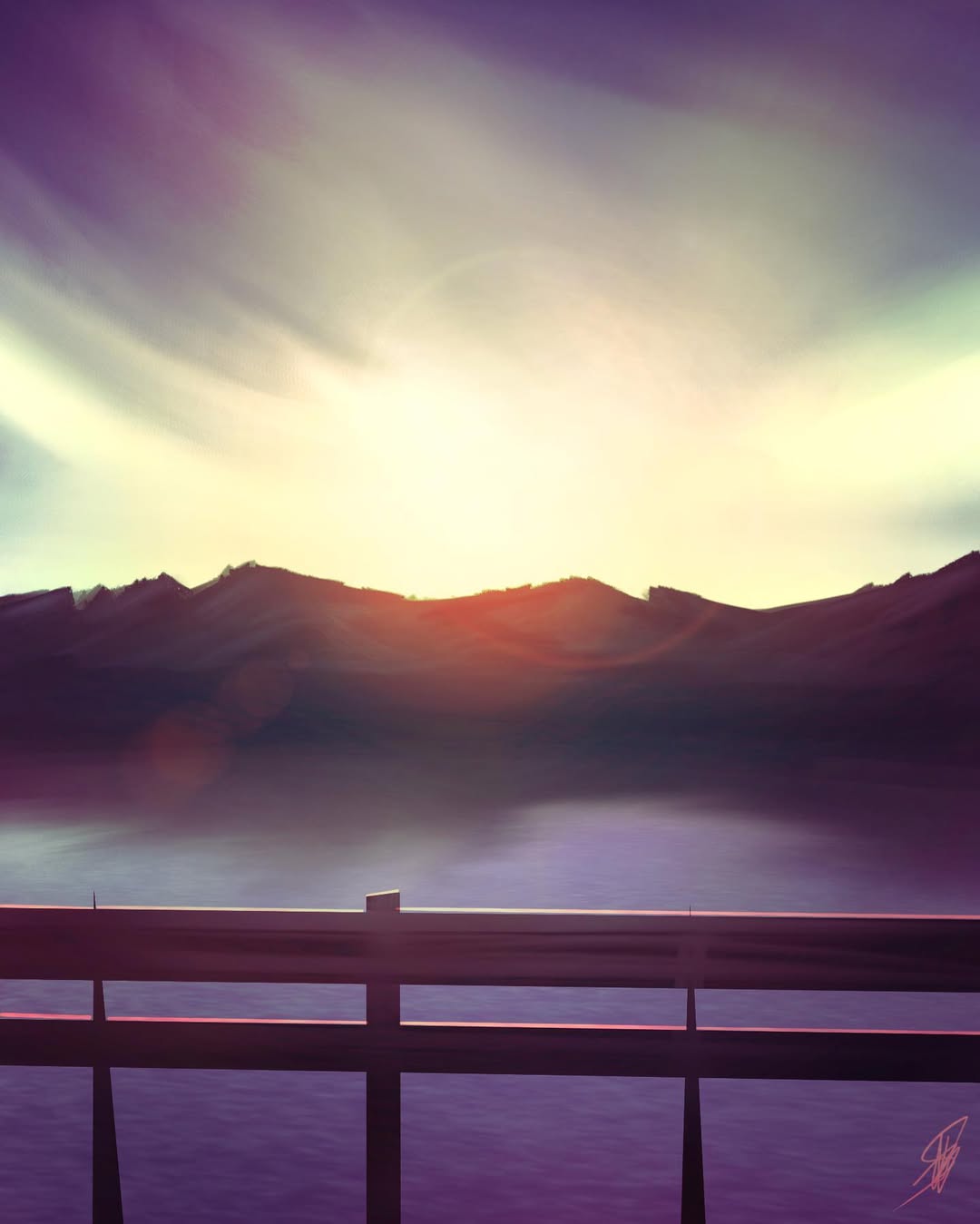 Peaceful landscape with mountains, lake, and wooden dock at sunset with purple and pink sky