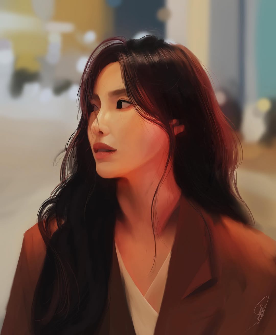 Portrait of a woman with dark hair in warm indoor lighting, contemporary digital art style
