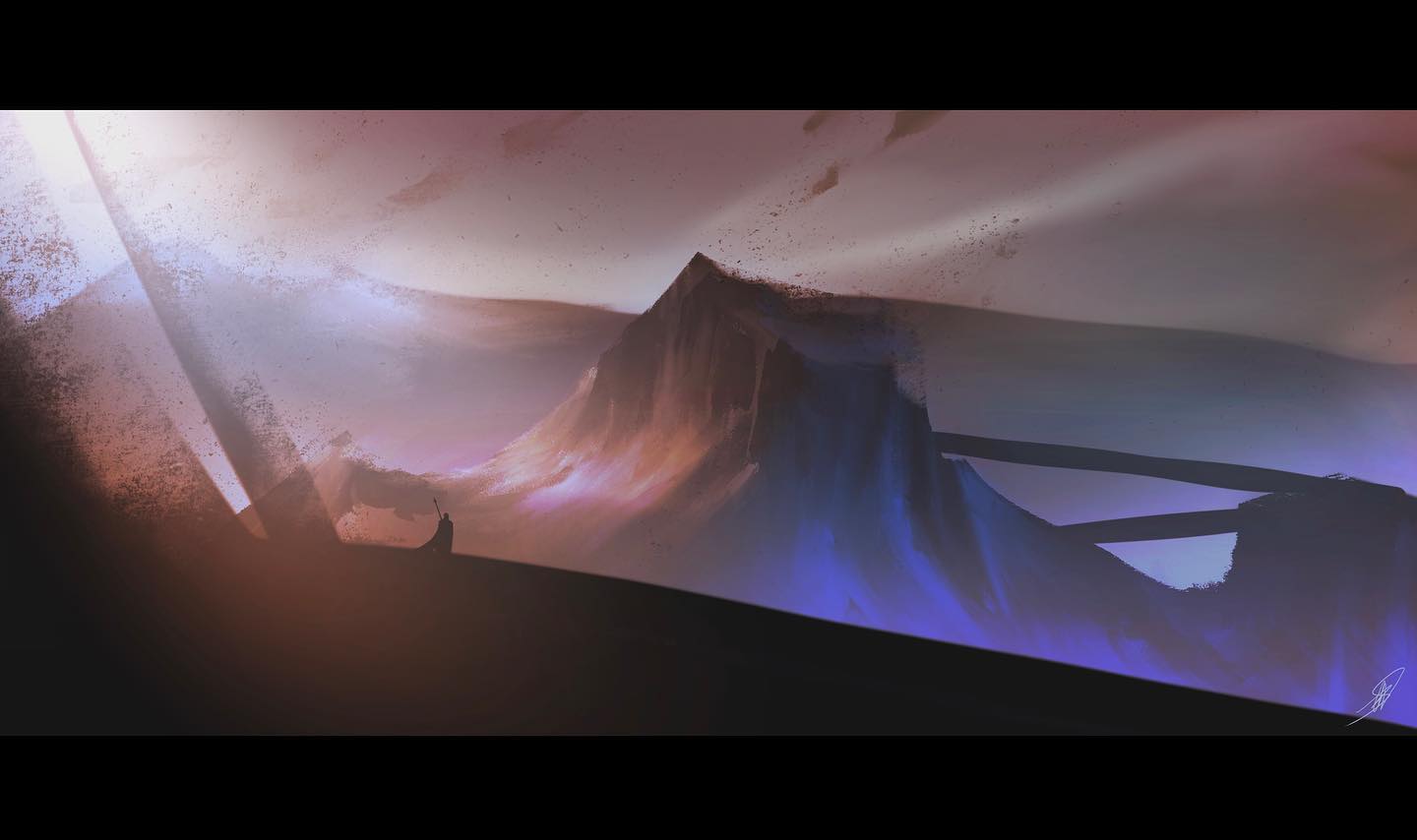 Abstract sci-fi landscape with dramatic purple and blue lighting effects and architectural forms