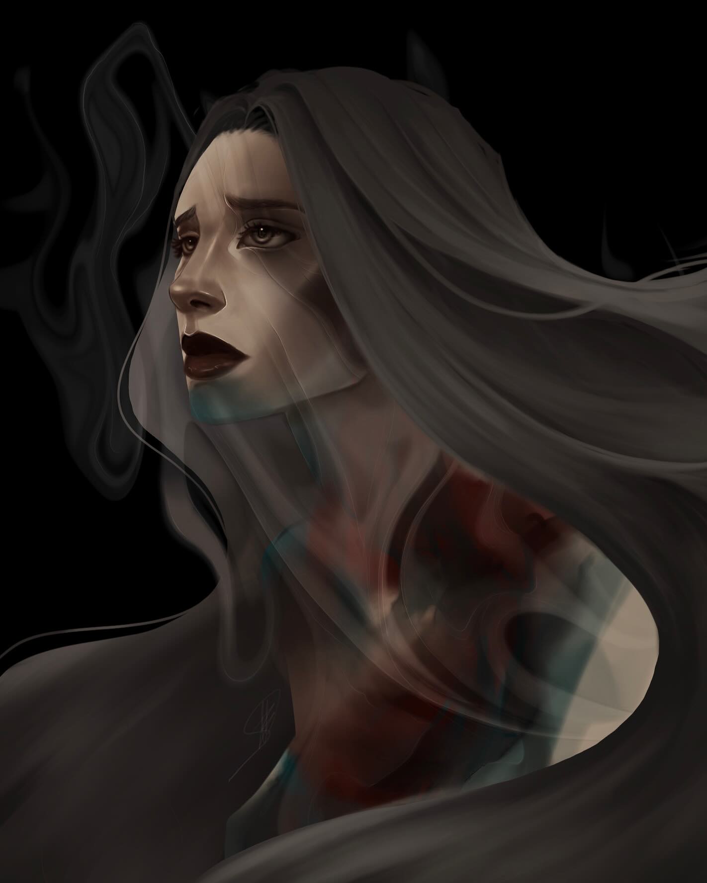 Dramatic portrait with flowing hair against dark background