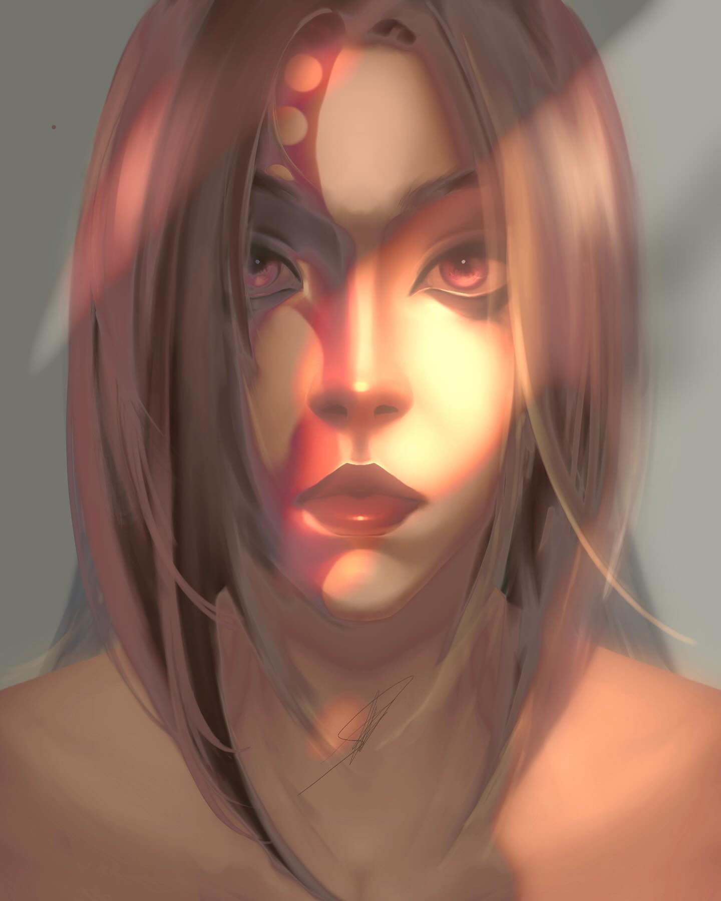 Portrait of a woman with ethereal glow and warm lighting effects on her face