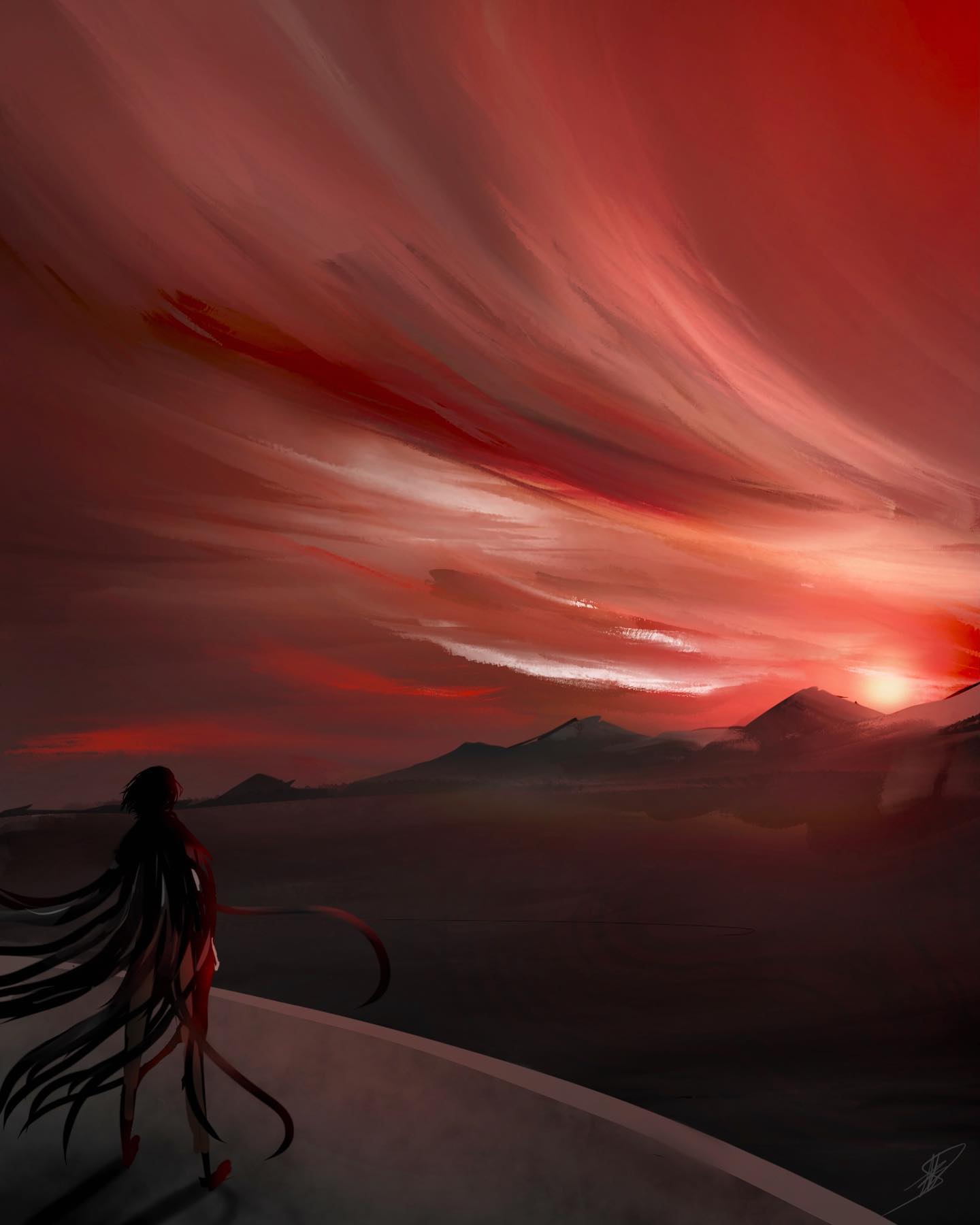 Silhouette figure on balcony gazing at dramatic red sky